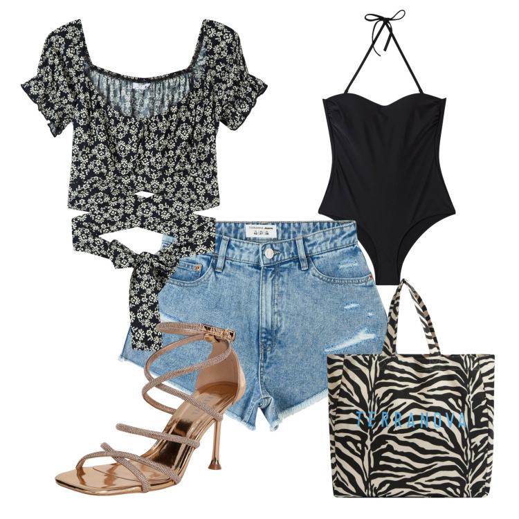 Outfit donna - Total look #1927033. Stile Casual chic per Mare. Abbinamento con bluse, sandali col tacco, borse tote, costumi interi, shorts.