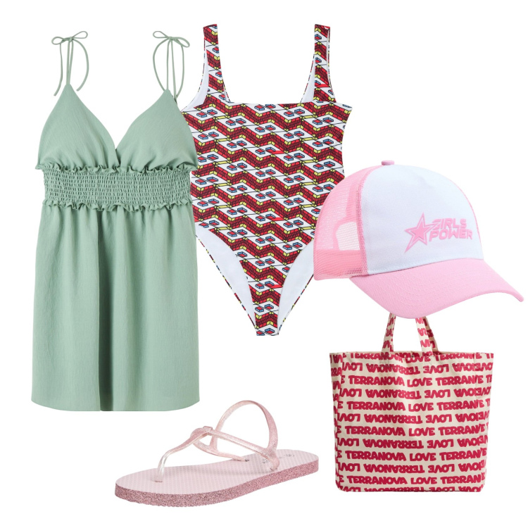 Outfit donna - Total look #1927034. Stile Casual per Mare. Abbinamento con sandali, costumi interi, cappelli, borse tote, vestiti corti.