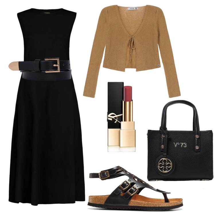 Outfit donna - Città mix & match. Stile Trendy per Tutti i giorni. Abbinamento con sandali in pelle, rossetti, cardigans, vestiti midi/longuette, cinture, borse tote.