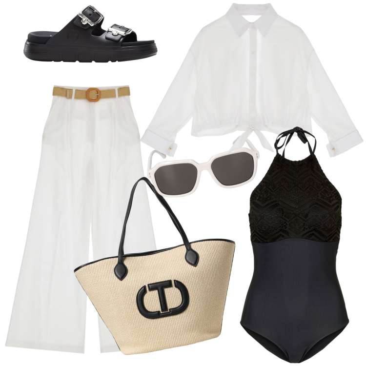 Outfit donna - In spiaggia con classe. Stile Casual chic per Mare. Abbinamento con costumi interi, ciabatte, pantaloni a palazzo, camicie, borse tote, occhiali da sole.