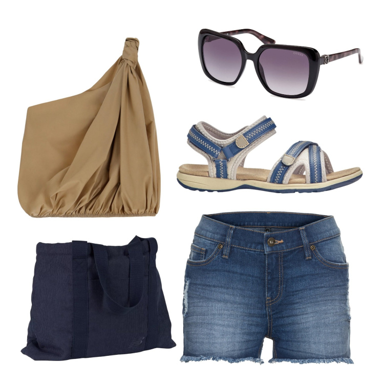 Outfit donna - Monospalla. Stile Casual per Tutti i giorni. Abbinamento con sandali, shorts, borse tote, top, occhiali da sole.