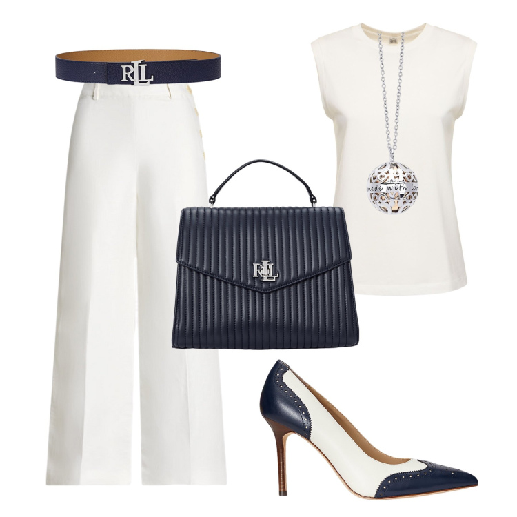 Outfit donna - Cerimonia estiva. Stile Glamour per Cerimonia. Abbinamento con collane, cinture, pantaloni, décolleté, borse a mano, top.