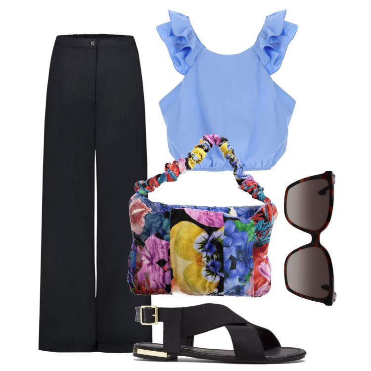 Outfit donna - In città. Stile Bon Ton per Tutti i giorni. Abbinamento con sandali, canottiere, borse a spalla, pantaloni, occhiali da sole.