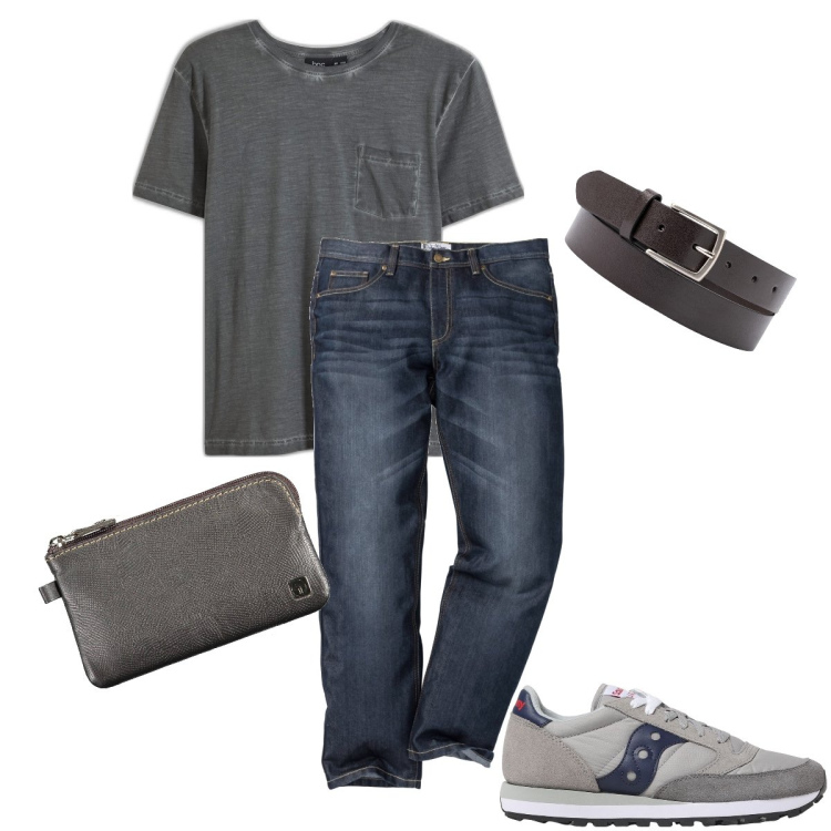 Outfit uomo - La t-shirt grigia. Stile Casual per Tutti i giorni. Abbinamento con jeans dritti, t-shirt, portafogli, cinture, sneakers.