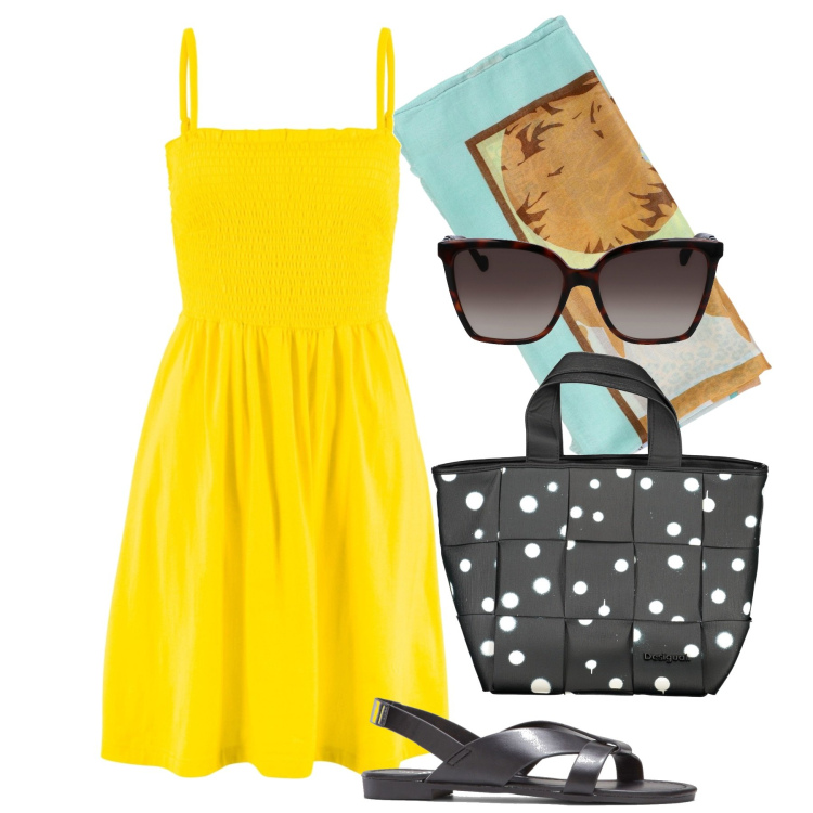 Outfit donna - Giallo solleone. Stile Bon Ton per Tutti i giorni. Abbinamento con sandali, vestiti, foulard, occhiali da sole, borse a spalla.