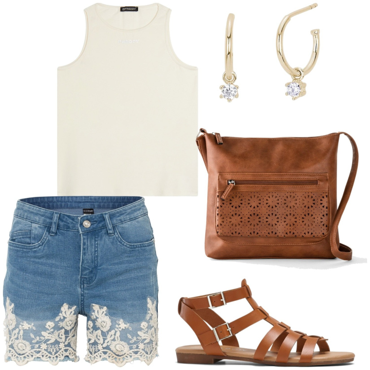 Outfit donna - Total look #1927082. Stile Boho per Tutti i giorni. Abbinamento con borse a tracolla, shorts, sandali, orecchini, canottiere.