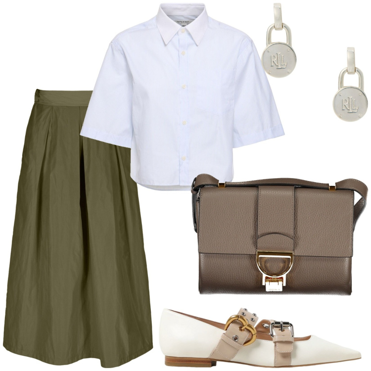 Outfit donna - Total look #1927097. Stile Preppy per Tutti i giorni. Abbinamento con orecchini, gonne, borse a tracolla, camicie, ballerine.