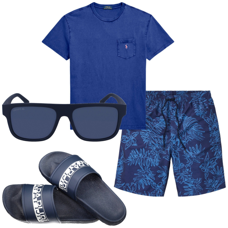 Outfit uomo - In vacanza. Stile Casual per Mare. Abbinamento con pantaloni corti, t-shirt, occhiali da sole, sandali.