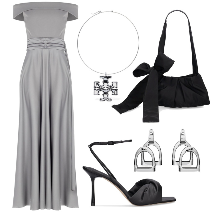 Outfit donna - Cerimonia di sera. Stile Chic per Cerimonia. Abbinamento con vestiti lunghi, orecchini, sandali in pelle, collane, borse a spalla.