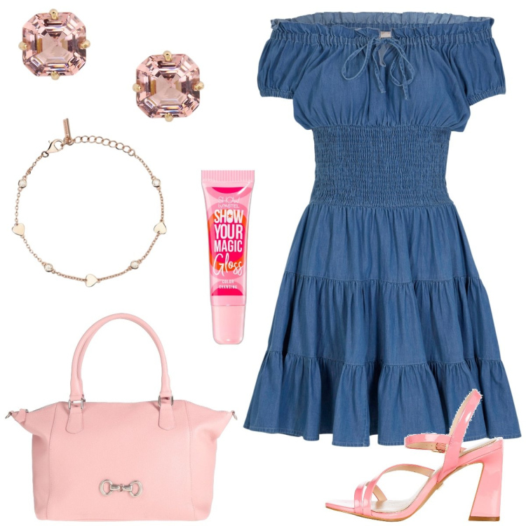 Outfit donna - Denim romantico. Stile Romantica per Tutti i giorni. Abbinamento con vestiti corti, borse a mano, gloss, braccialetti, sandali in pelle, orecchini.