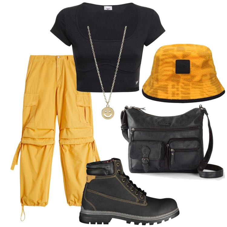 Outfit donna - Estate metropolitana. Stile Urban per Tutti i giorni. Abbinamento con borse a tracolla, collane, pantaloni cargo, t-shirt, cappelli, sneakers.