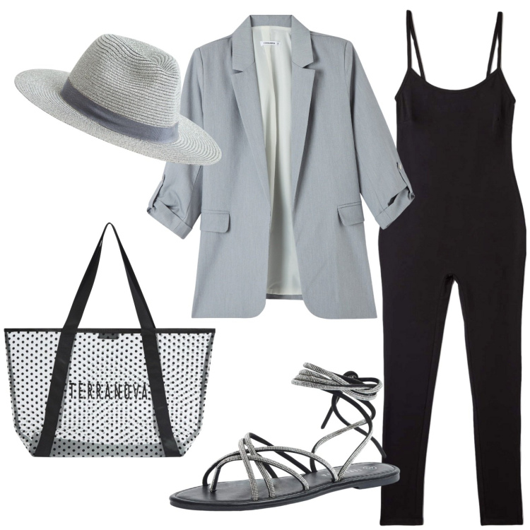 Outfit donna - Total look #1927127. Stile Casual chic per Serata fuori. Abbinamento con sandali alla schiava, cappelli, tute, shopping bag, blazer.