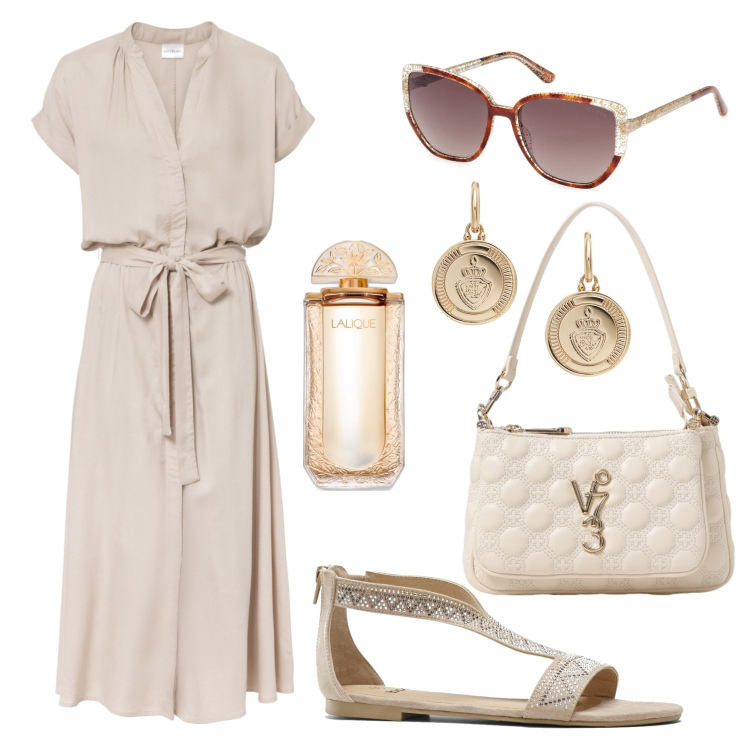 Outfit donna - Neutra H24. Stile Glamour per Tutti i giorni. Abbinamento con vestiti chemisier, sandali, profumi, orecchini, occhiali da sole, borse a spalla.
