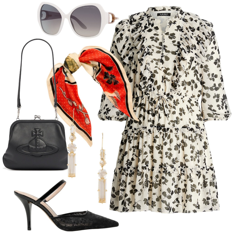 Outfit donna - Europa. Stile Casual chic per Tutti i giorni. Abbinamento con occhiali da sole, vestiti, foulard, orecchini, pochette, scarpe col tacco.