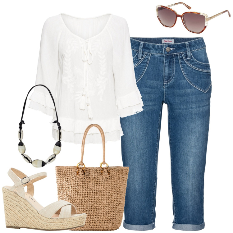 Outfit donna - Luglio. Stile Boho per Tutti i giorni. Abbinamento con jeans dritti, sandali, tuniche, shopping bag, occhiali da sole, collane.