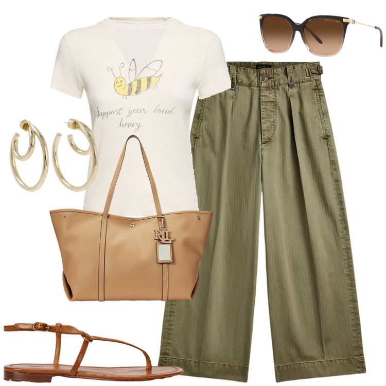 Outfit donna - City. Stile Casual chic per Tutti i giorni. Abbinamento con pantaloni, occhiali da sole, borse tote, sandali in pelle, t-shirt, orecchini.