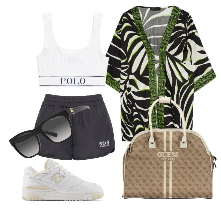 Outfit donna - Ghost outfitter - luglio. Stile Sporty chic per Tutti i giorni. Abbinamento con sneakers, canottiere, occhiali da sole, shorts, borse sportive, kimono.