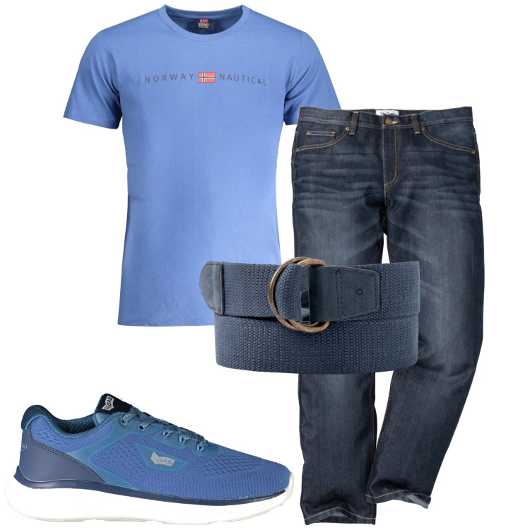Outfit uomo - Basico. Stile Urban per Tutti i giorni. Abbinamento con jeans dritti, cinture, sneakers, t-shirt.