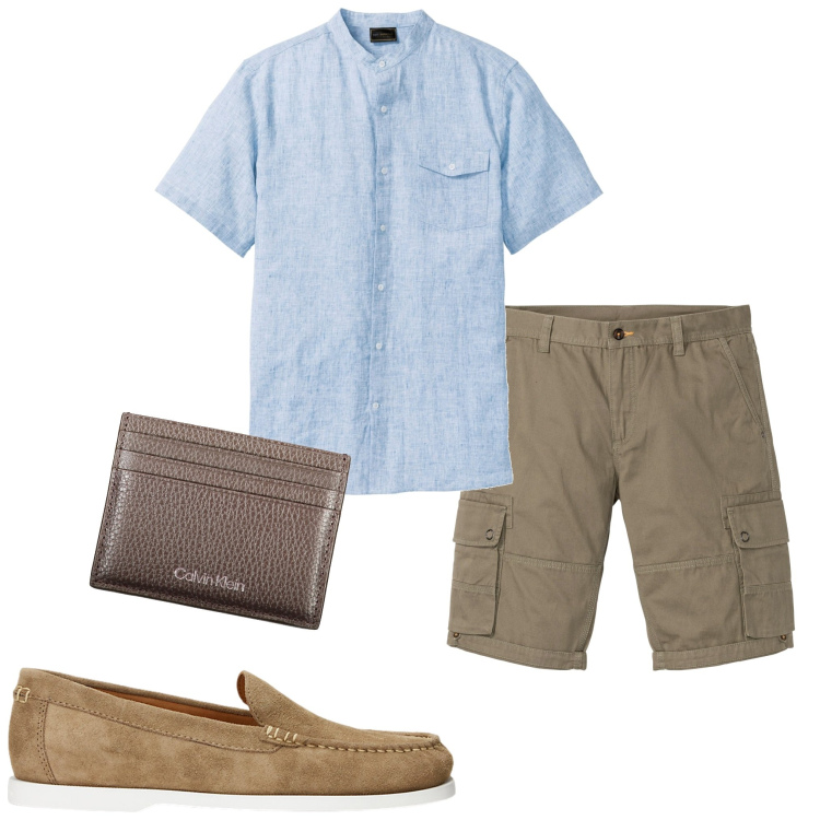 Outfit uomo - Tutti i giorni. Stile Casual per Tutti i giorni. Abbinamento con bermuda, camicie a manica corta, scarpe stringate, portafogli.