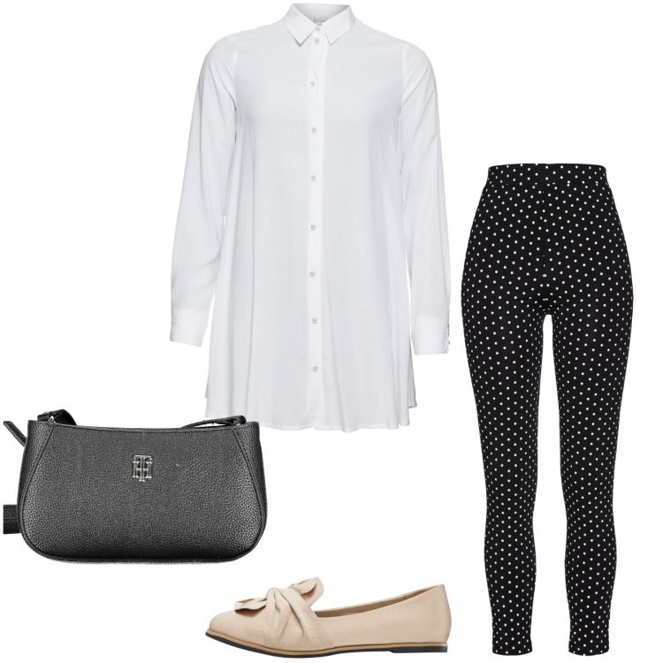 Outfit donna - Total look #1927187. Stile Casual per Ufficio. Abbinamento con camicie, mocassini, leggings, borse a tracolla.