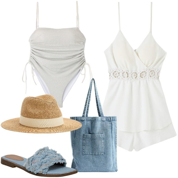 Outfit donna - Terranova - Vacanze in Riviera. Stile Etnico per Mare. Abbinamento con tuta corta, cappelli, costumi interi, shopping bag, ciabatte.