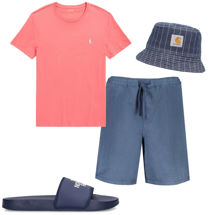 Outfit uomo - In vacanza. Stile Casual per Mare. Abbinamento con t-shirt, cappelli, bermuda, sandali.