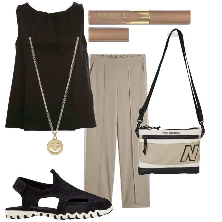 Outfit donna - Smile. Stile Casual per Tutti i giorni. Abbinamento con sandali, pantaloni, mascara, collane, borse a spalla, top.