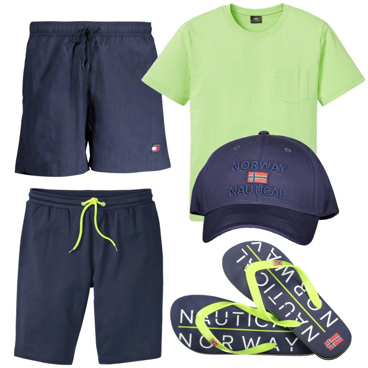 Outfit uomo - Total look #1927206. Stile Casual per Mare. Abbinamento con bermuda, t-shirt, sandali, cappelli con visiera, costumi.