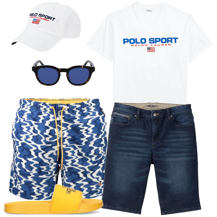 Outfit uomo - Summer vibes. Stile Casual per Mare. Abbinamento con bermuda, t-shirt, cappelli, occhiali da sole, costumi, sandali.