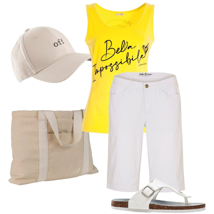 Outfit donna - Il top giallo limone. Stile Casual per Mare. Abbinamento con infradito, cappelli con visiera, bermuda, shopping bag, canottiere.