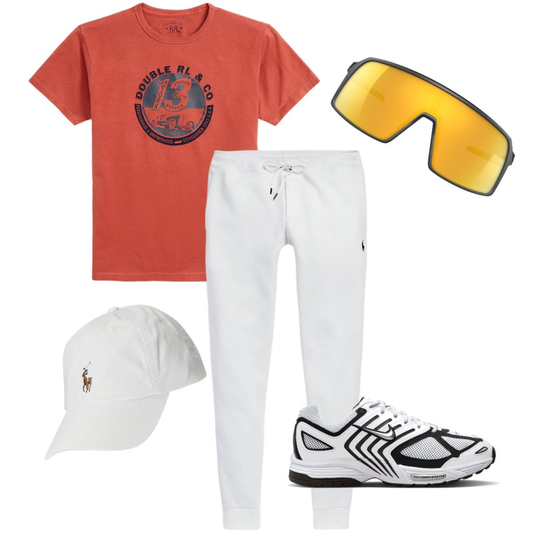 Outfit uomo - Una corsa e via. Stile Casual per Sport. Abbinamento con cappelli, pantaloni, t-shirt, occhiali da sole, sneakers.