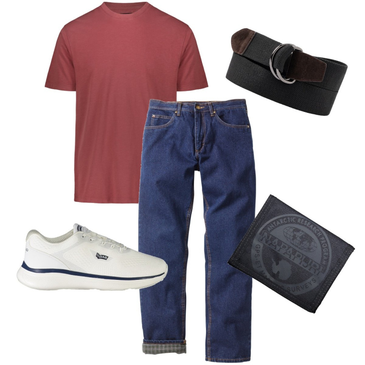 Outfit uomo - La t-shirt color mattone. Stile Casual per Ufficio. Abbinamento con jeans dritti, portafogli, cinture, sneakers, t-shirt.