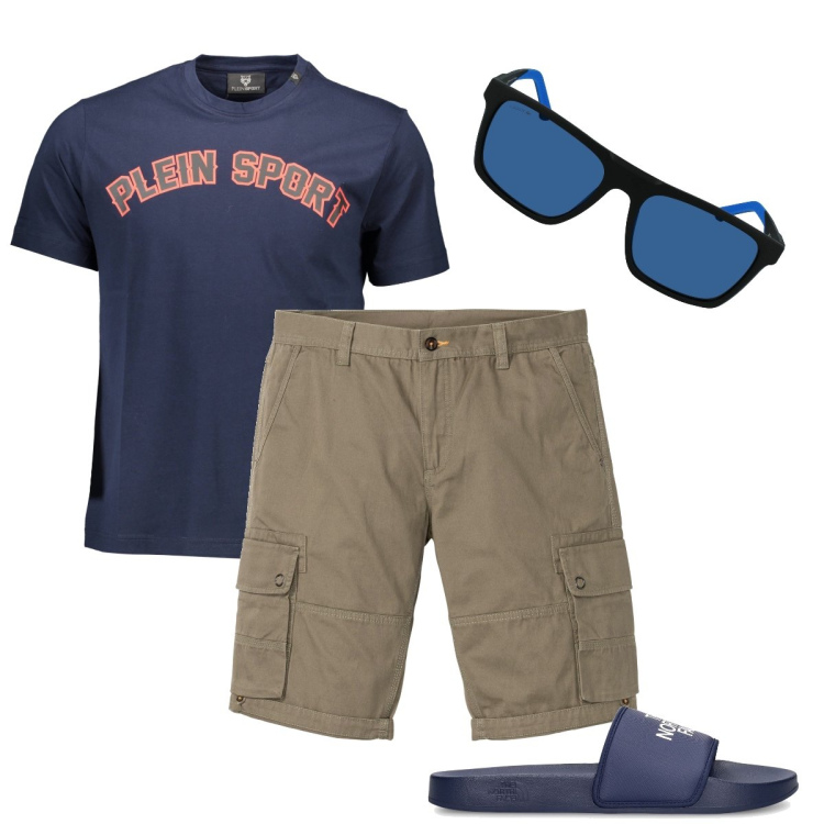 Outfit uomo - Con le ciabatte. Stile Trendy per Mare. Abbinamento con bermuda, occhiali da sole, sandali, t-shirt.