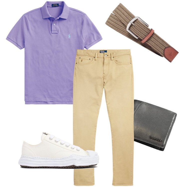 Outfit uomo - La polo lilla. Stile Urban per Ufficio. Abbinamento con cinture, polo, pantaloni chino, sneakers, portafogli.