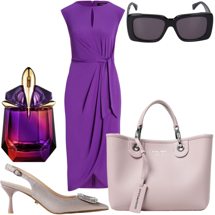 Outfit donna - Cerimonia viola. Stile Glamour per Cerimonia. Abbinamento con profumi, vestiti, occhiali da sole, scarpe col tacco, borse tote.