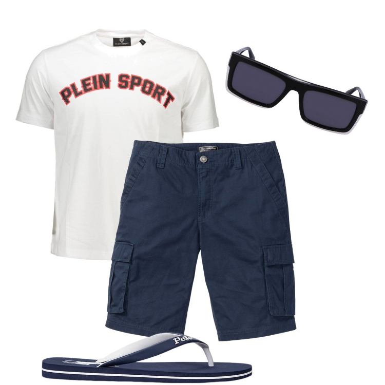 Outfit uomo - Con le infradito. Stile Casual per Mare. Abbinamento con bermuda, sandali, t-shirt, occhiali da sole.