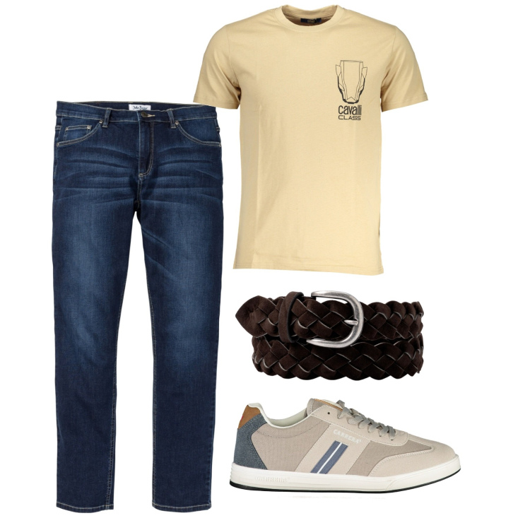 Outfit uomo - Paglierino. Stile Casual per Tutti i giorni. Abbinamento con jeans, cinture, t-shirt, sneakers.