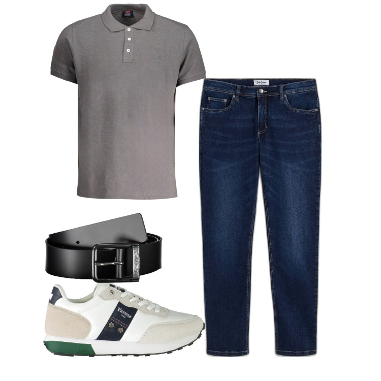 Outfit uomo - Total look. Stile Casual per Tutti i giorni. Abbinamento con jeans dritti, cinture, sneakers, polo.