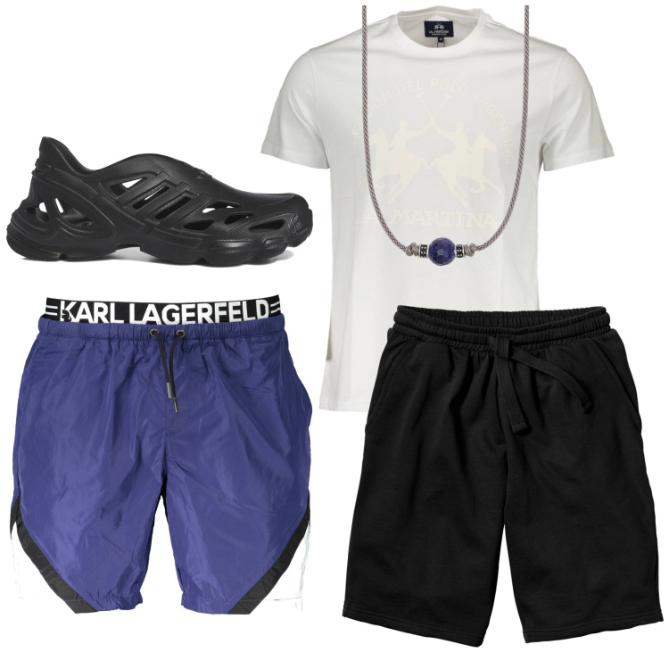 Outfit uomo - Total look #1927280. Stile Trendy per Tutti i giorni. Abbinamento con bermuda, collane, sneakers, t-shirt, costumi.