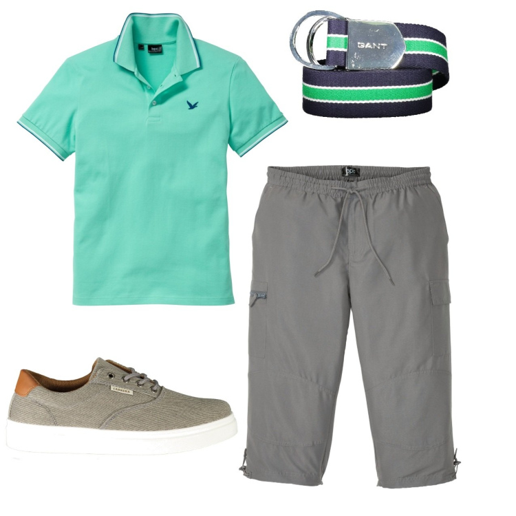 Outfit uomo - Total look. Stile Casual per Tutti i giorni. Abbinamento con polo, pantaloni capri, cinture, sneakers.