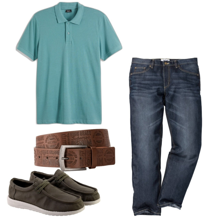 Outfit uomo - Total look. Stile Casual per Tutti i giorni. Abbinamento con polo, jeans dritti, cinture, scarpe stringate.