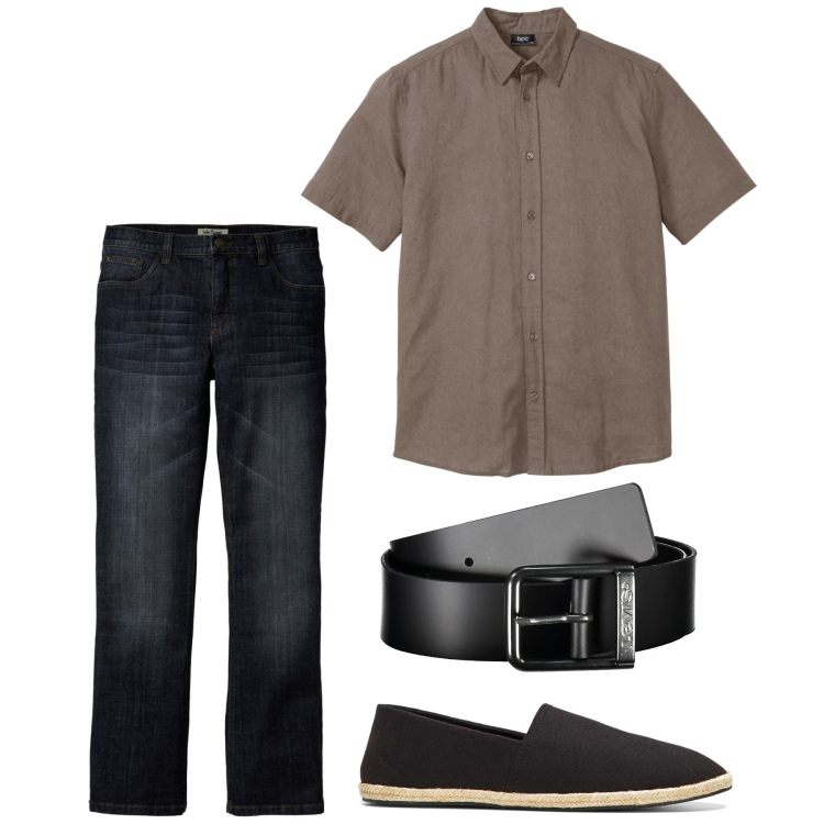 Outfit uomo - Cappuccino. Stile Casual per Tutti i giorni. Abbinamento con espadrillas, camicie a manica corta, jeans bootcut, cinture.