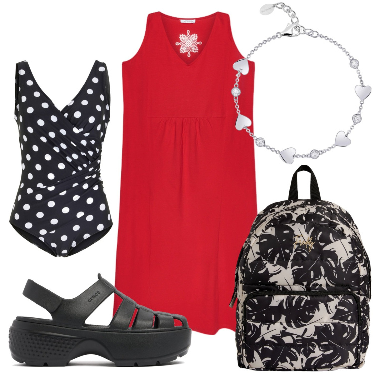 Outfit donna - Pronta per il mare. Stile Casual per Mare. Abbinamento con costumi interi, braccialetti, zaini, vestiti lunghi, sandali.