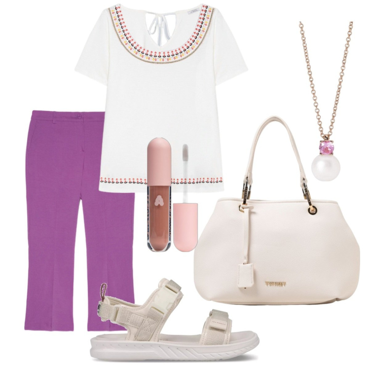Outfit donna - Curvy easychic. Stile Chic per Tutti i giorni. Abbinamento con gloss, collane, sandali, t-shirt, borse a spalla, pantaloni.