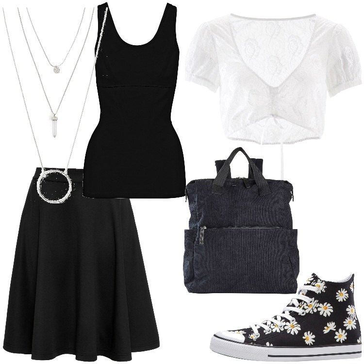 Outfit donna - Margherite. Stile Basic per Tutti i giorni. Abbinamento con gonne, camicie, sneakers alte, ciondoli, top, zaini.