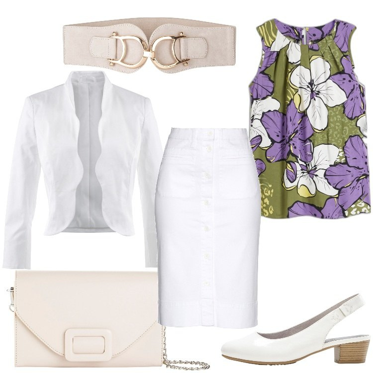 Outfit donna - Total look #1927342. Stile Bon Ton per Ufficio. Abbinamento con blazer, décolleté, gonne, top, cinture, pochette.
