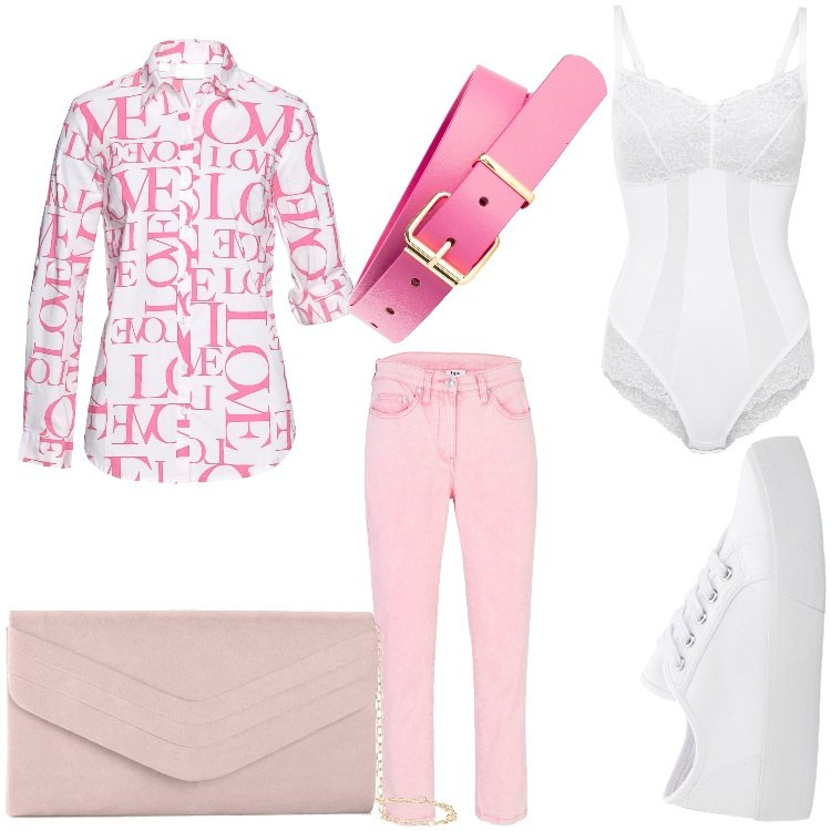 Outfit donna - All you need is love. Stile Basic per Tutti i giorni. Abbinamento con pantaloni, cinture, sneakers, camicie, body, pochette.