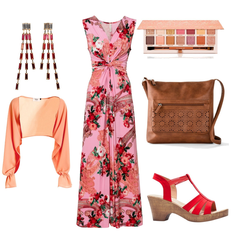 Outfit donna - Cena in spiaggia. Stile Casual chic per Serata fuori. Abbinamento con borse a tracolla, orecchini, vestiti lunghi, sandali, ombretti, blazer.
