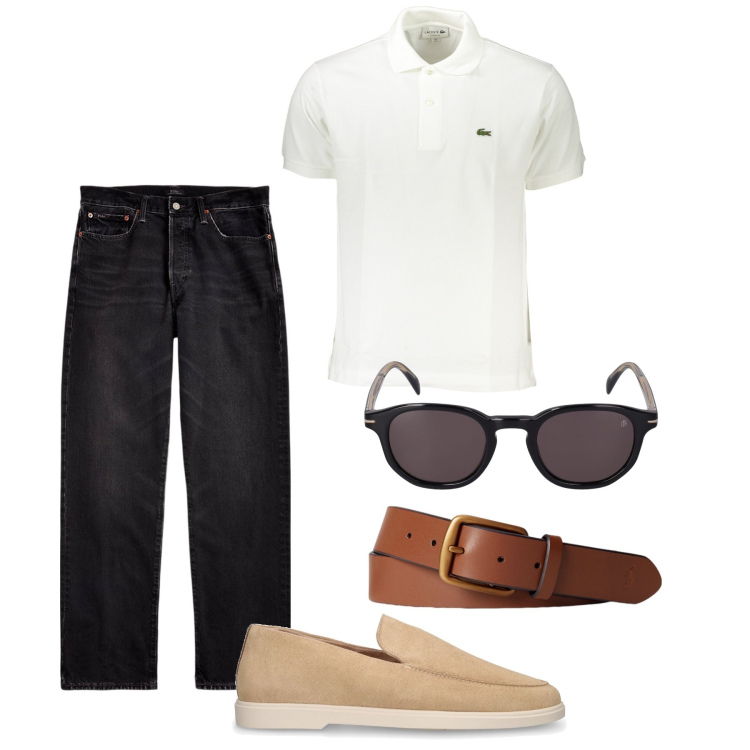 Outfit uomo - B&N. Stile Casual per Tutti i giorni. Abbinamento con cinture, jeans dritti, occhiali da sole, polo, scarpe stringate.
