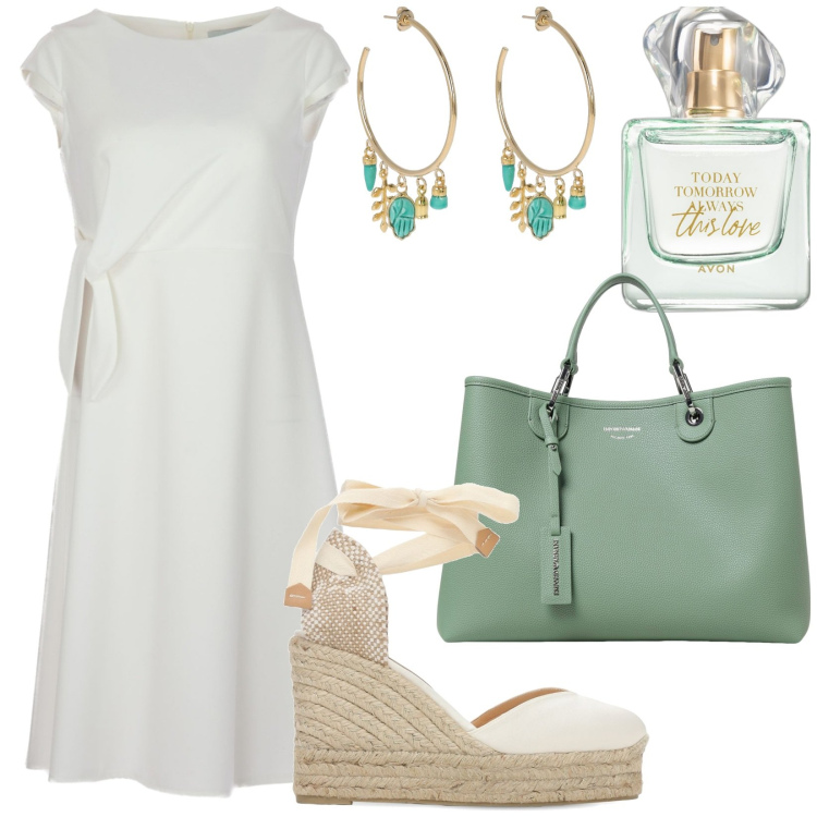 Outfit donna - Total look #1927375. Stile Casual chic per Tutti i giorni. Abbinamento con profumi, vestiti midi/longuette, borse tote, orecchini, espadrillas.